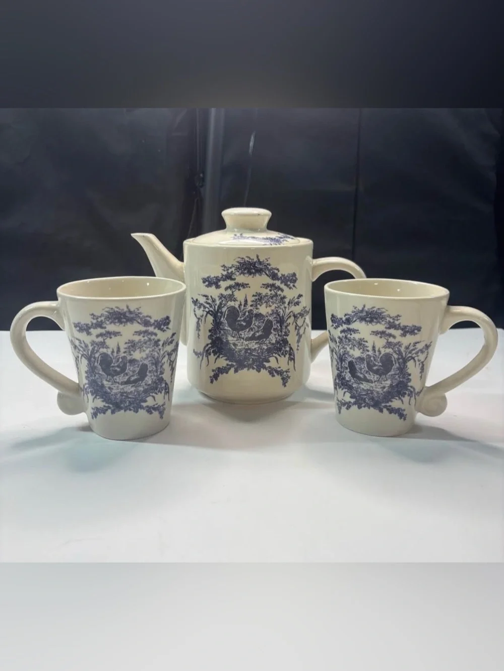 Teapot & 2 Mugs California Pantry Classic Ceramics Blue Rooster Chicken